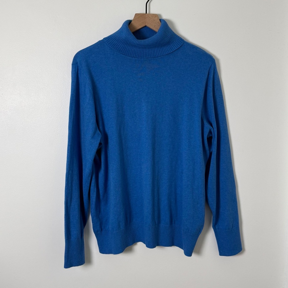 LL Bean Turtleneck Sweater Women XL Petite Blue Cotton Cashmere NWT Quiet Luxury
